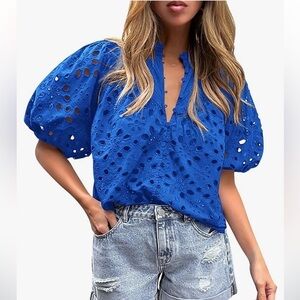Pretty Garden Eyelet Short Lantern Puffy Sleeve  Blouse Blue Size Small